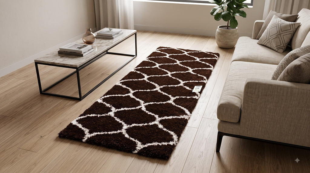 Premium Brown & Cream Geometric Shaggy Area Rug – Soft Modern Floor Carpet for Living Room & Bedroom