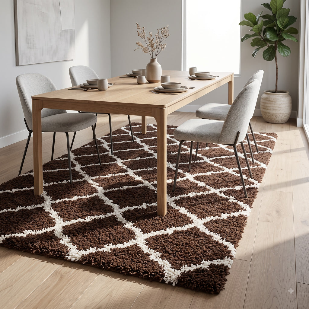 Premium Brown & Cream Geometric Shaggy Area Rug – Soft Modern Floor Carpet for Living Room & Bedroom