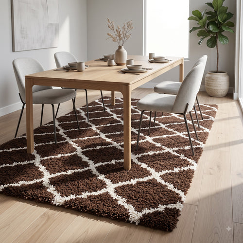 Premium Brown & Cream Geometric Shaggy Area Rug – Soft Modern Floor Carpet for Living Room & Bedroom